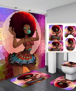African American Woman Shower Curtain Set With Yellow Accented Bathroom Accessories For Coordinated Decor