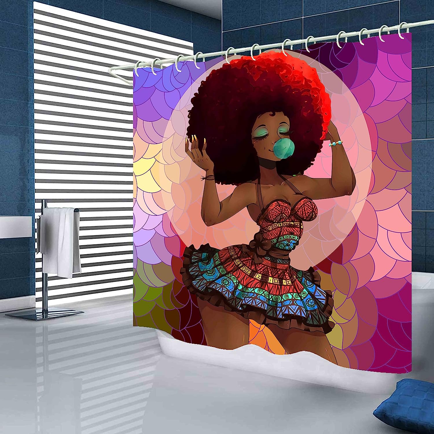 African American Woman Shower Curtain Set With Yellow Accented Bathroom Accessories For Coordinated Decor - Image 2