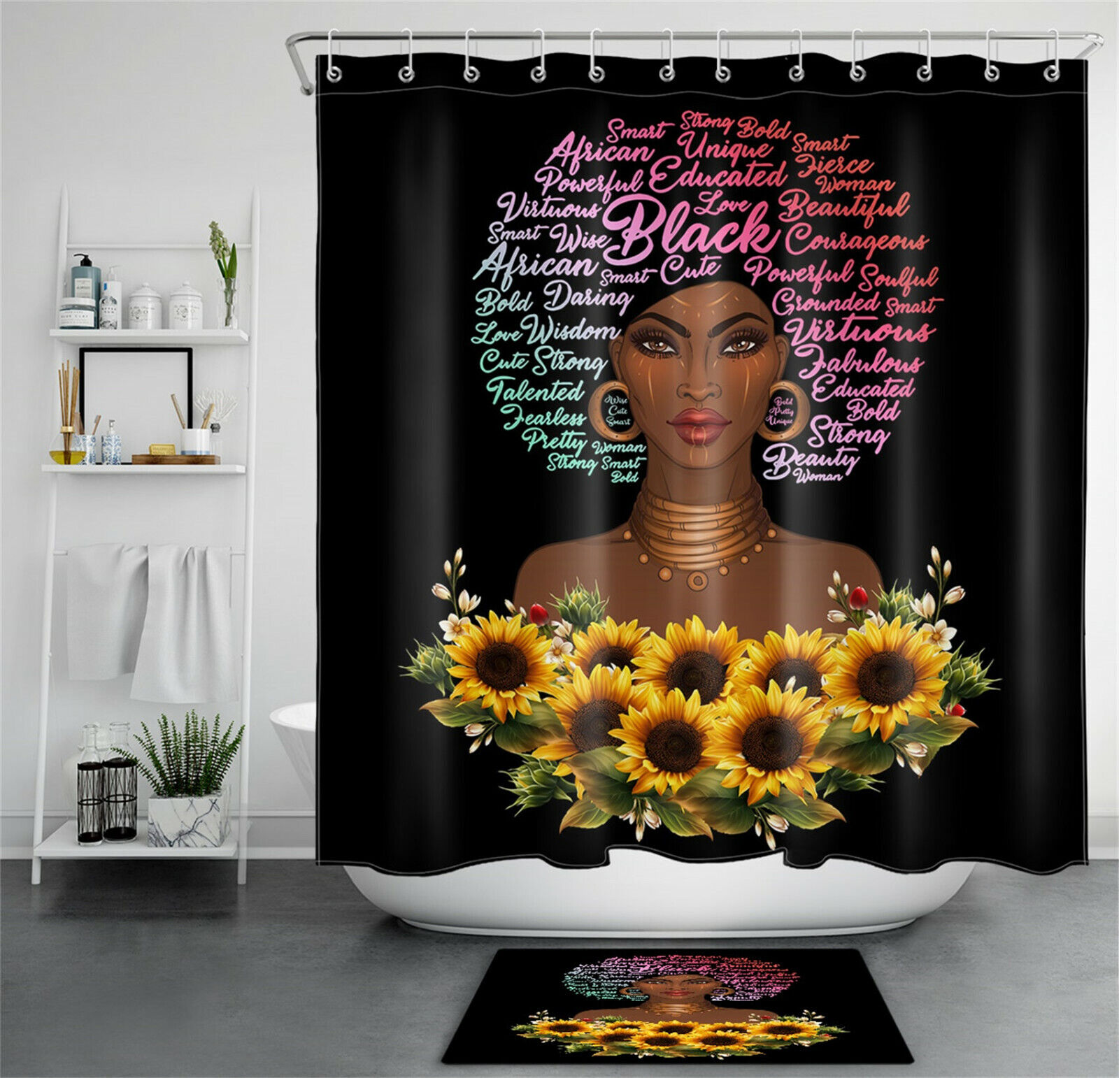African American Women Sunflower Shower Curtain With Afro Black Girl Bathroom Decor