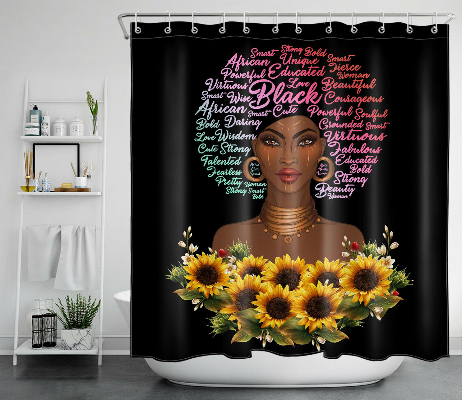 African American Women Sunflower Shower Curtain With Afro Black Girl Bathroom Decor - Image 2