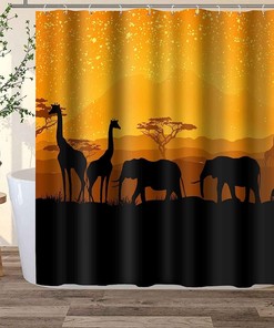 African Animals Giraffe Elephant Sunset Shower Curtain - Wildlife Bathroom Decor