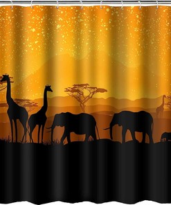 African Animals Giraffe Elephant Sunset Shower Curtain - Wildlife Bathroom Decor