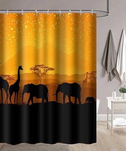 African Animals Giraffe Elephant Sunset Shower Curtain - Wildlife Bathroom Decor