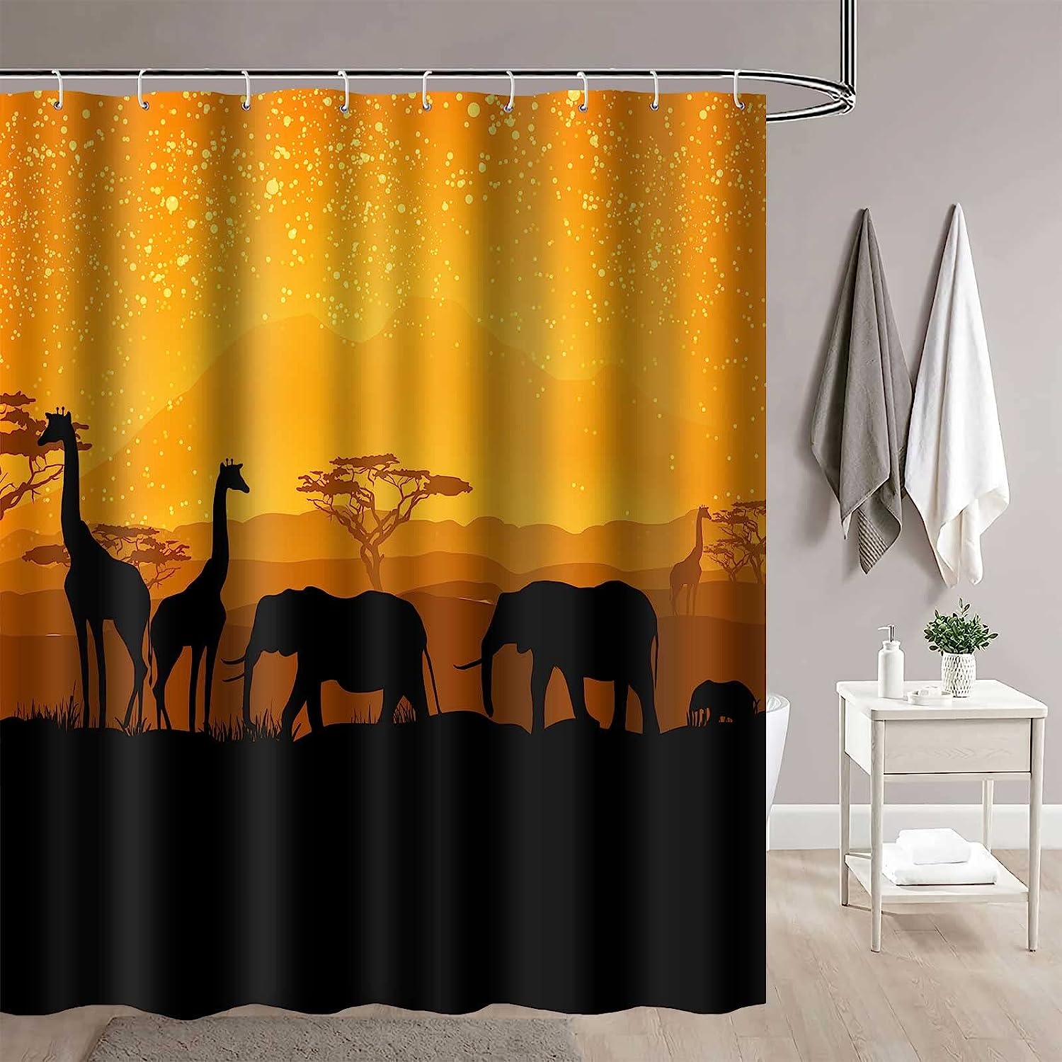 African Animals Giraffe Elephant Sunset Shower Curtain - Wildlife Bathroom Decor