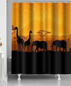 African Animals Giraffe Elephant Sunset Shower Curtain - Wildlife Bathroom Decor