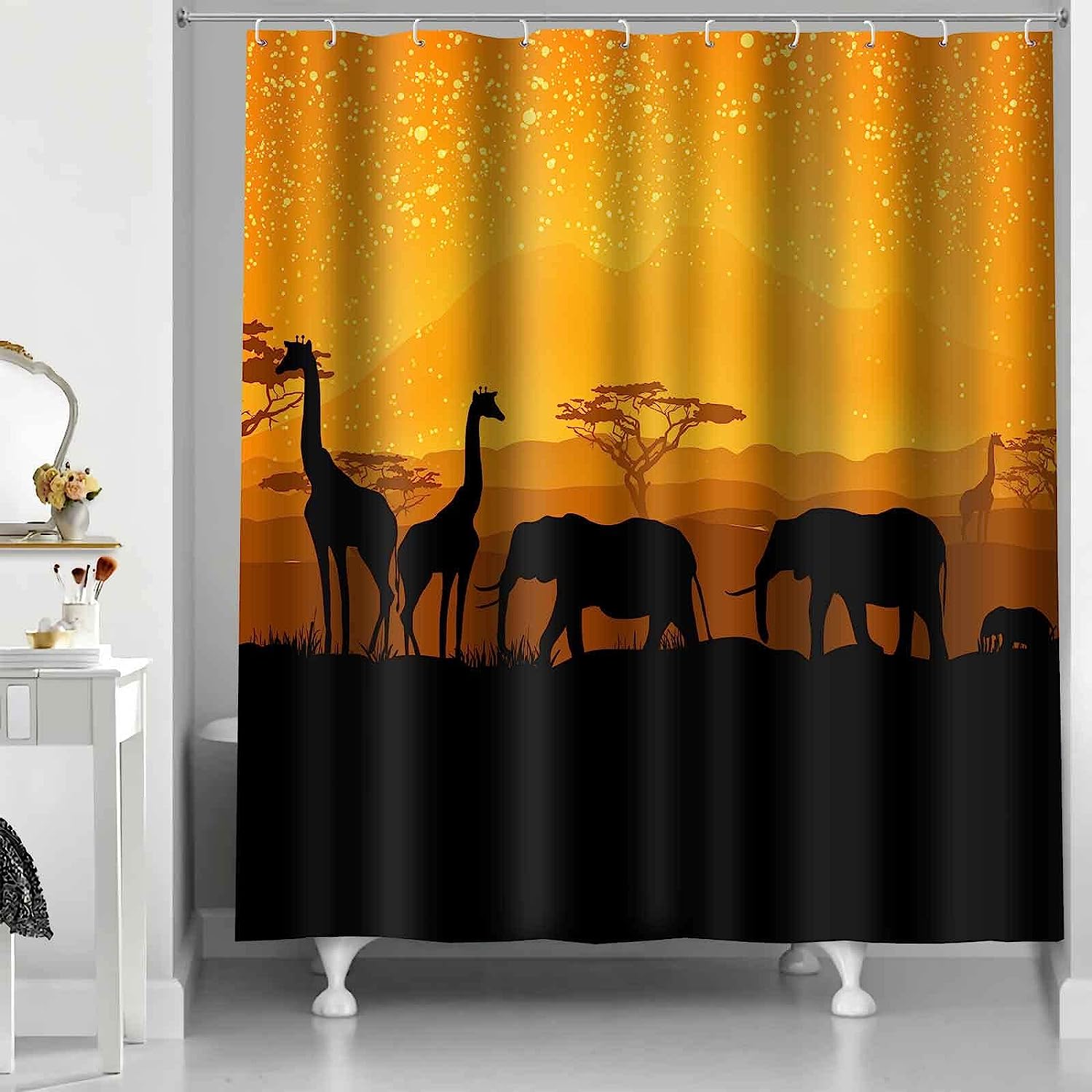 African Animals Giraffe Elephant Sunset Shower Curtain - Wildlife Bathroom Decor
