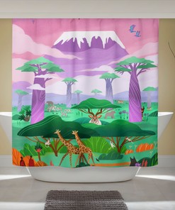 African Art Shower Curtain - Mount Kilimanjaro And Elephants In A Studio Ghibli Inspired Outdoor Nature Print