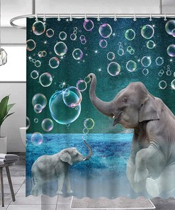 African Elephant Shower Curtain With Wildlife Mother And Kids Play Bubble Under Night Sky