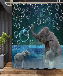 African Elephant Shower Curtain With Wildlife Mother And Kids Play Bubble Under Night Sky