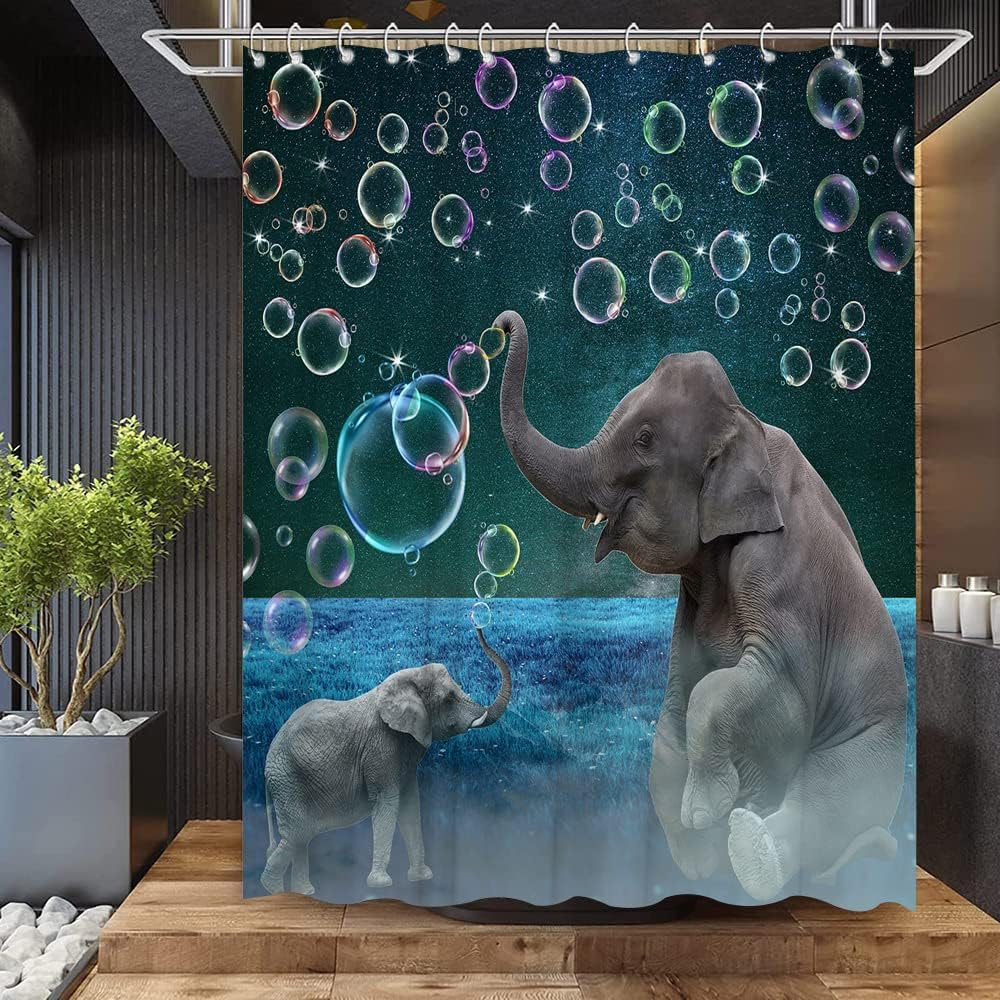 African Elephant Shower Curtain With Wildlife Mother And Kids Play Bubble Under Night Sky
