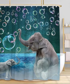 African Elephant Shower Curtain With Wildlife Mother And Kids Play Bubble Under Night Sky
