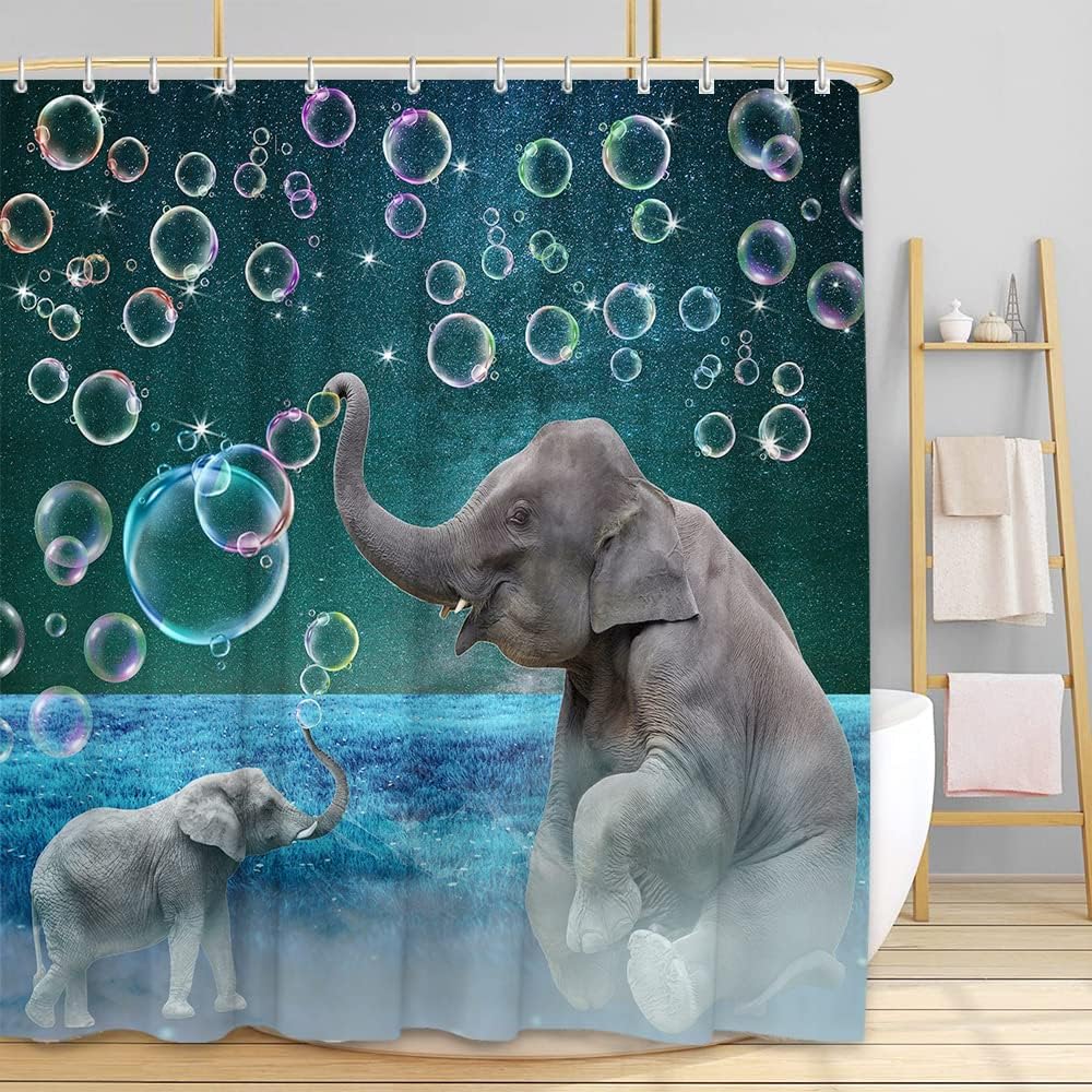 African Elephant Shower Curtain With Wildlife Mother And Kids Play Bubble Under Night Sky