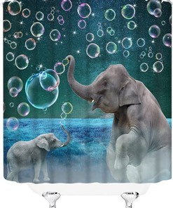 African Elephant Shower Curtain With Wildlife Mother And Kids Play Bubble Under Night Sky
