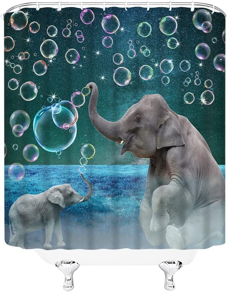 African Elephant Shower Curtain With Wildlife Mother And Kids Play Bubble Under Night Sky