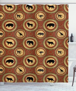 African Ethnic Pattern Monkey Giraffe Elephant Lion Rhino Shower Curtain