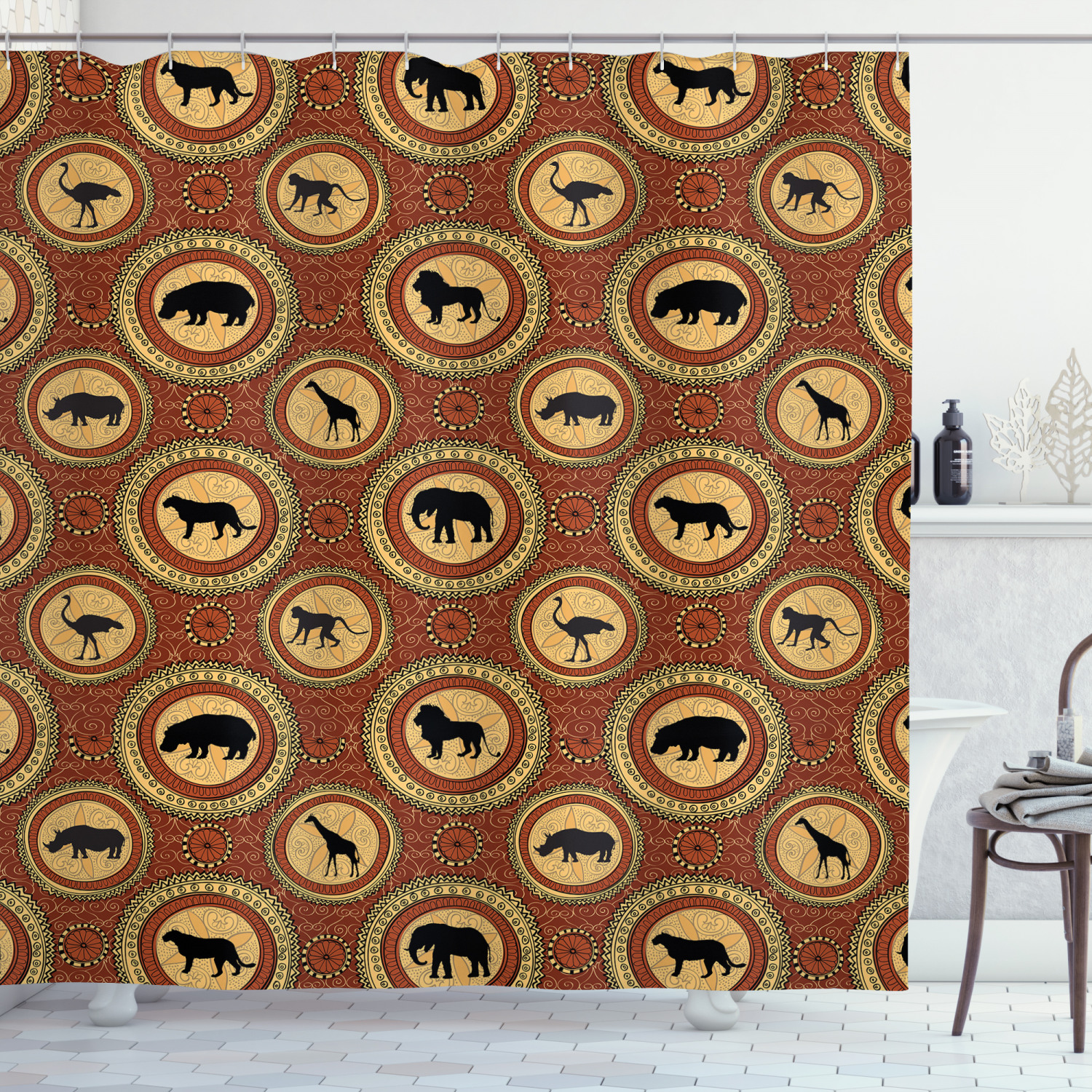 African Ethnic Pattern Monkey Giraffe Elephant Lion Rhino Shower Curtain