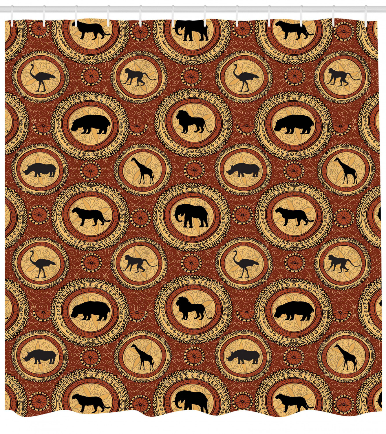African Ethnic Pattern Monkey Giraffe Elephant Lion Rhino Shower Curtain - Image 2