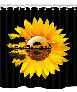 African Forest Animal in Sunset Fabric Sunflower Shower Curtain for Nature-inspired Rustic Bathroom Decor