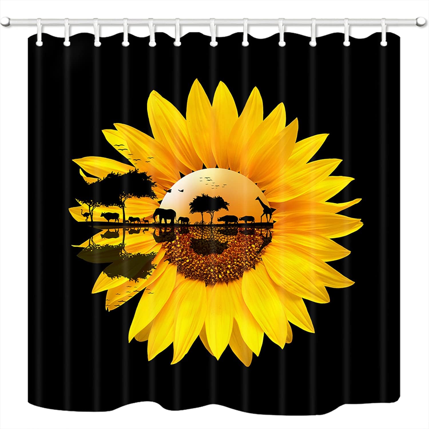 African Forest Animal in Sunset Fabric Sunflower Shower Curtain for Nature-inspired Rustic Bathroom Decor
