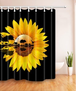 African Forest Animal in Sunset Fabric Sunflower Shower Curtain for Nature-inspired Rustic Bathroom Decor