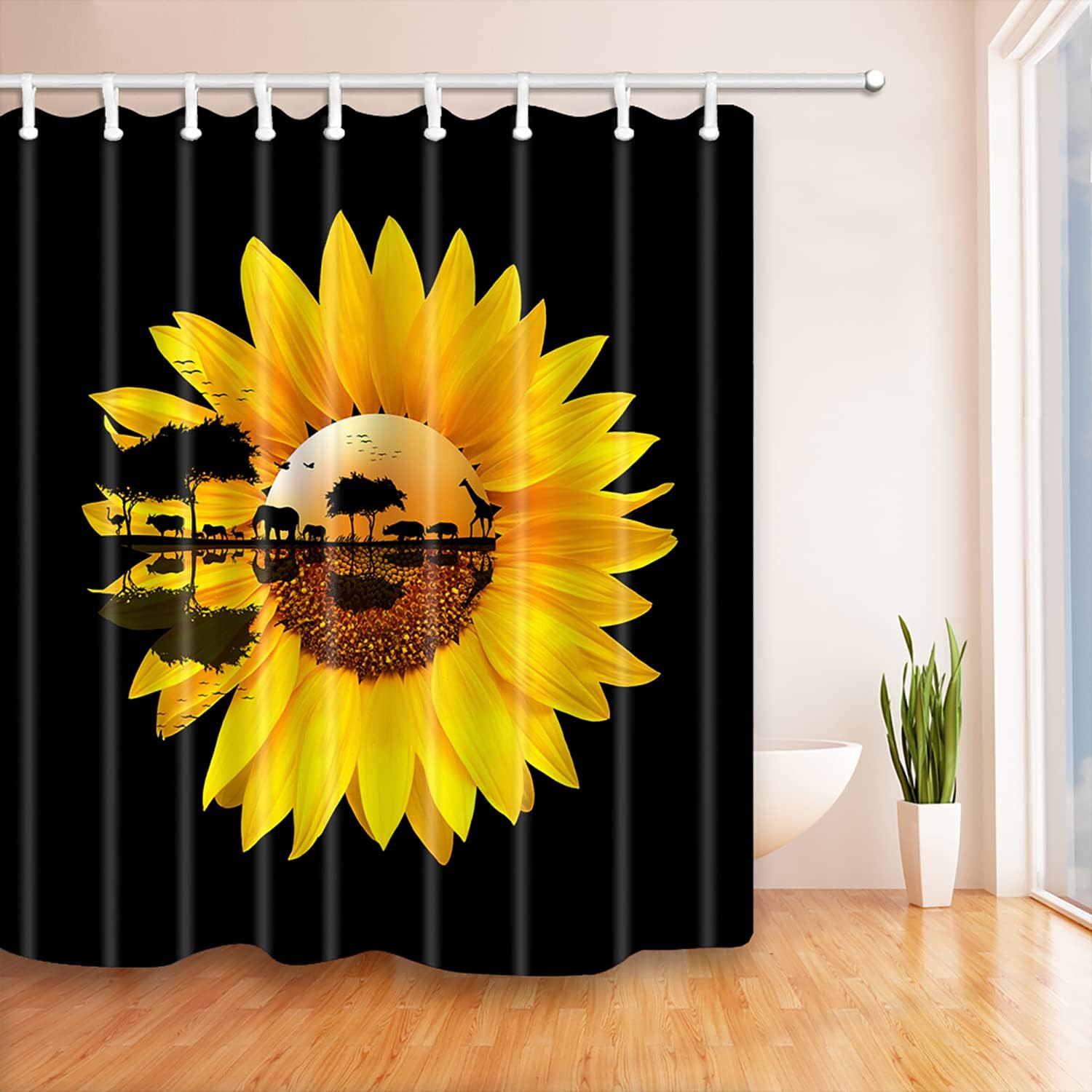 African Forest Animal in Sunset Fabric Sunflower Shower Curtain for Nature-inspired Rustic Bathroom Decor