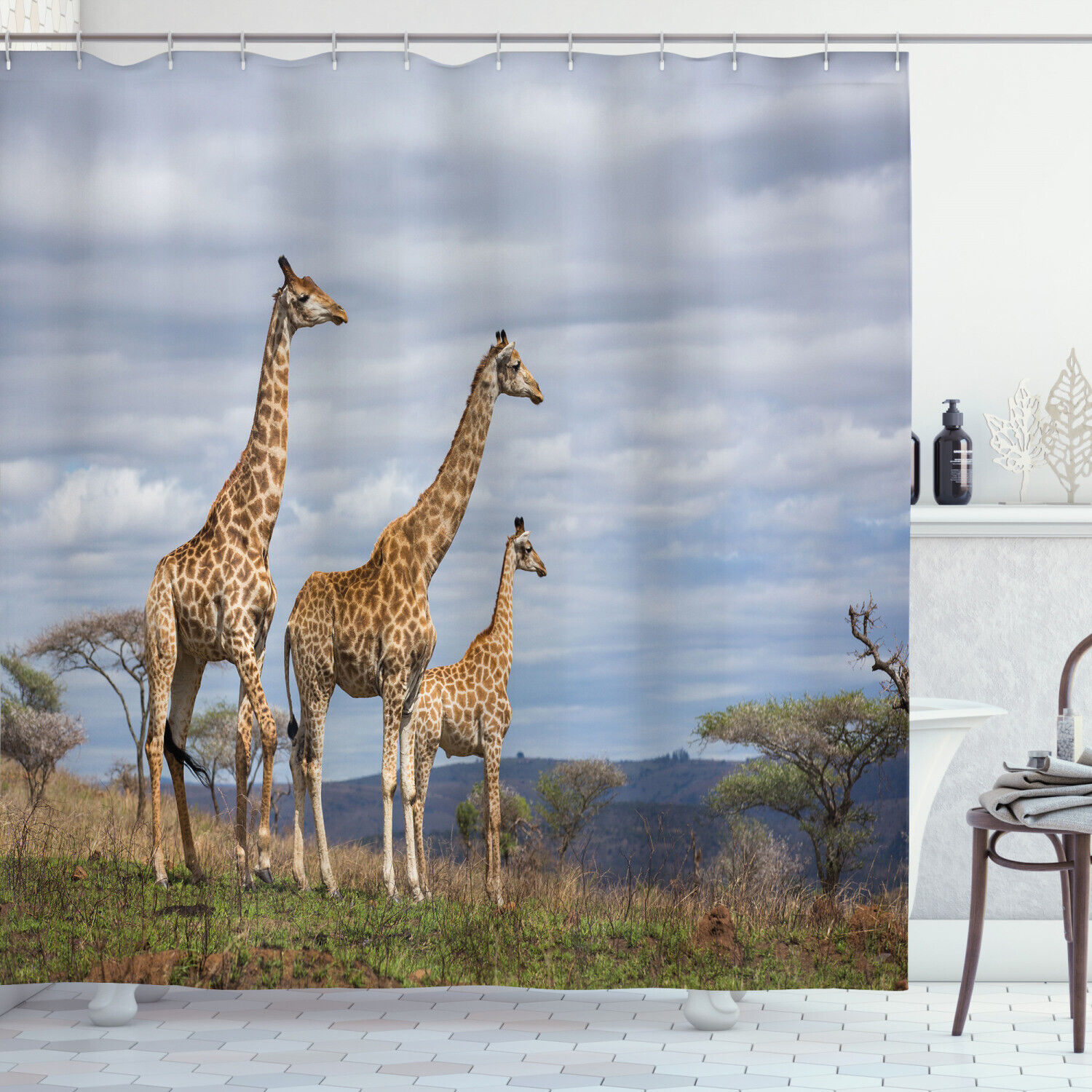African Giraffe Family Print Shower Curtain - Safari Bathroom Decor