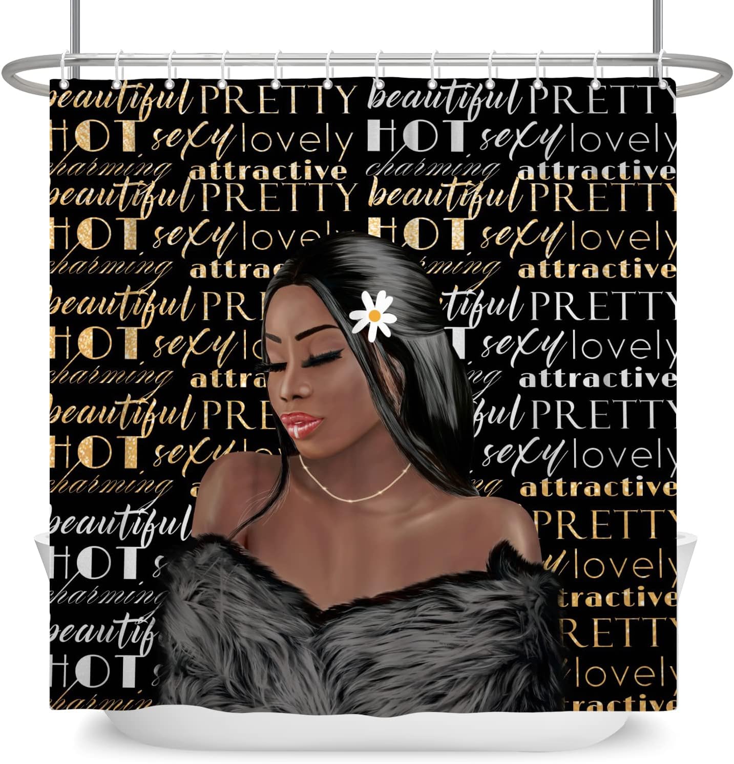 African Girl Gold Bath Inspirational Shower Curtain with Black Afro Print