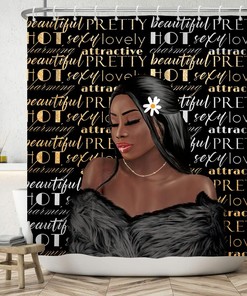 African Girl Gold Bath Inspirational Shower Curtain with Black Afro Print