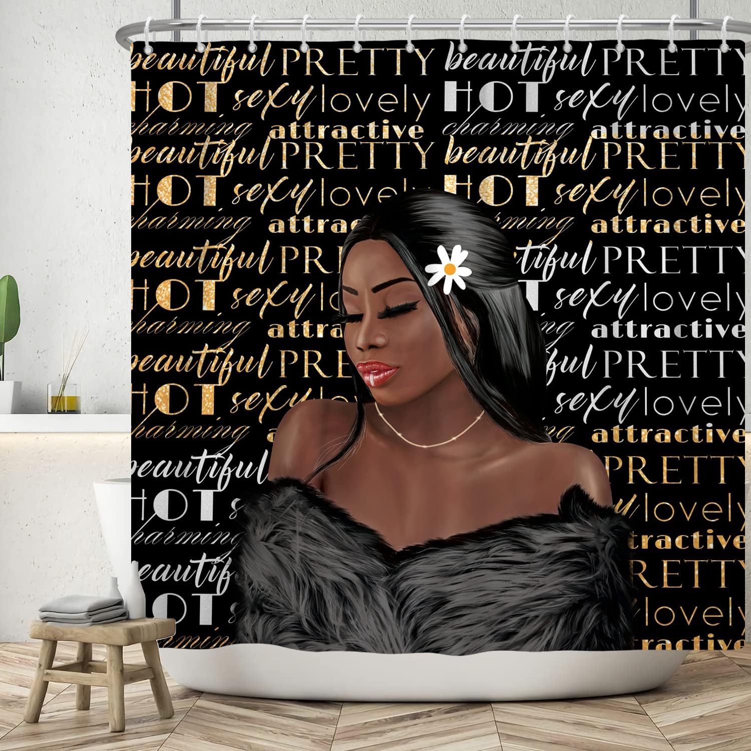 African Girl Gold Bath Inspirational Shower Curtain with Black Afro Print
