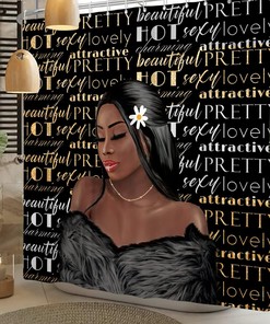 African Girl Gold Bath Inspirational Shower Curtain with Black Afro Print