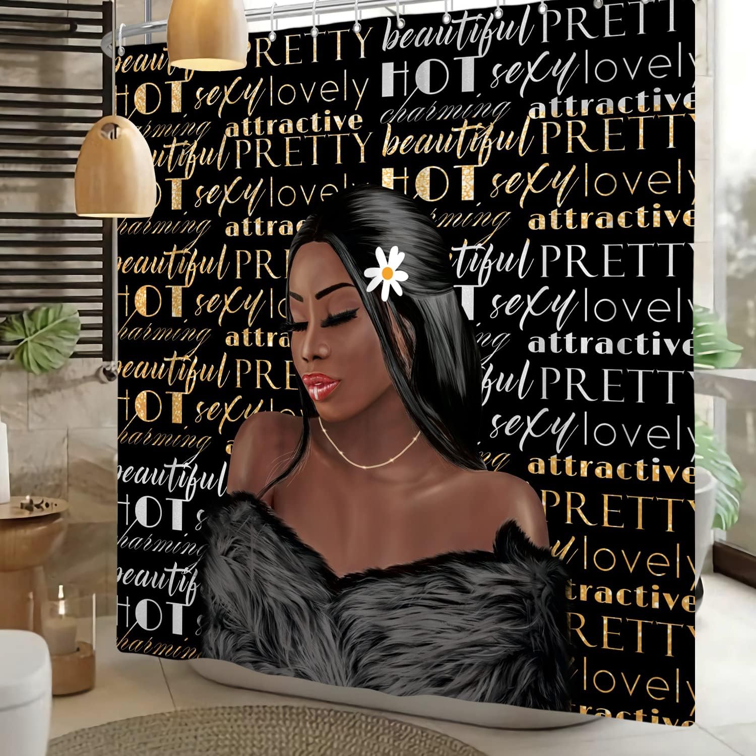 African Girl Gold Bath Inspirational Shower Curtain with Black Afro Print