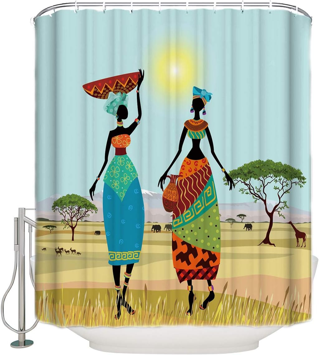 African Grassland Animals Shower Curtain - Stunning Sunset And Giraffe Print For Unique And Adventurous Bathroom Decor