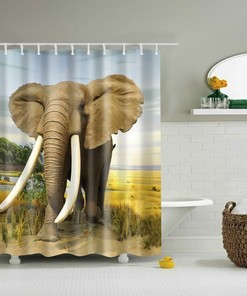 African Grassland Elephant Design Waterproof Fabric Shower Curtain for Nature Inspired Bathroom Decor