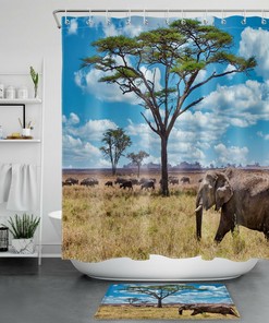 African Grassland Wild Animals Bison Elephant Shower Curtain