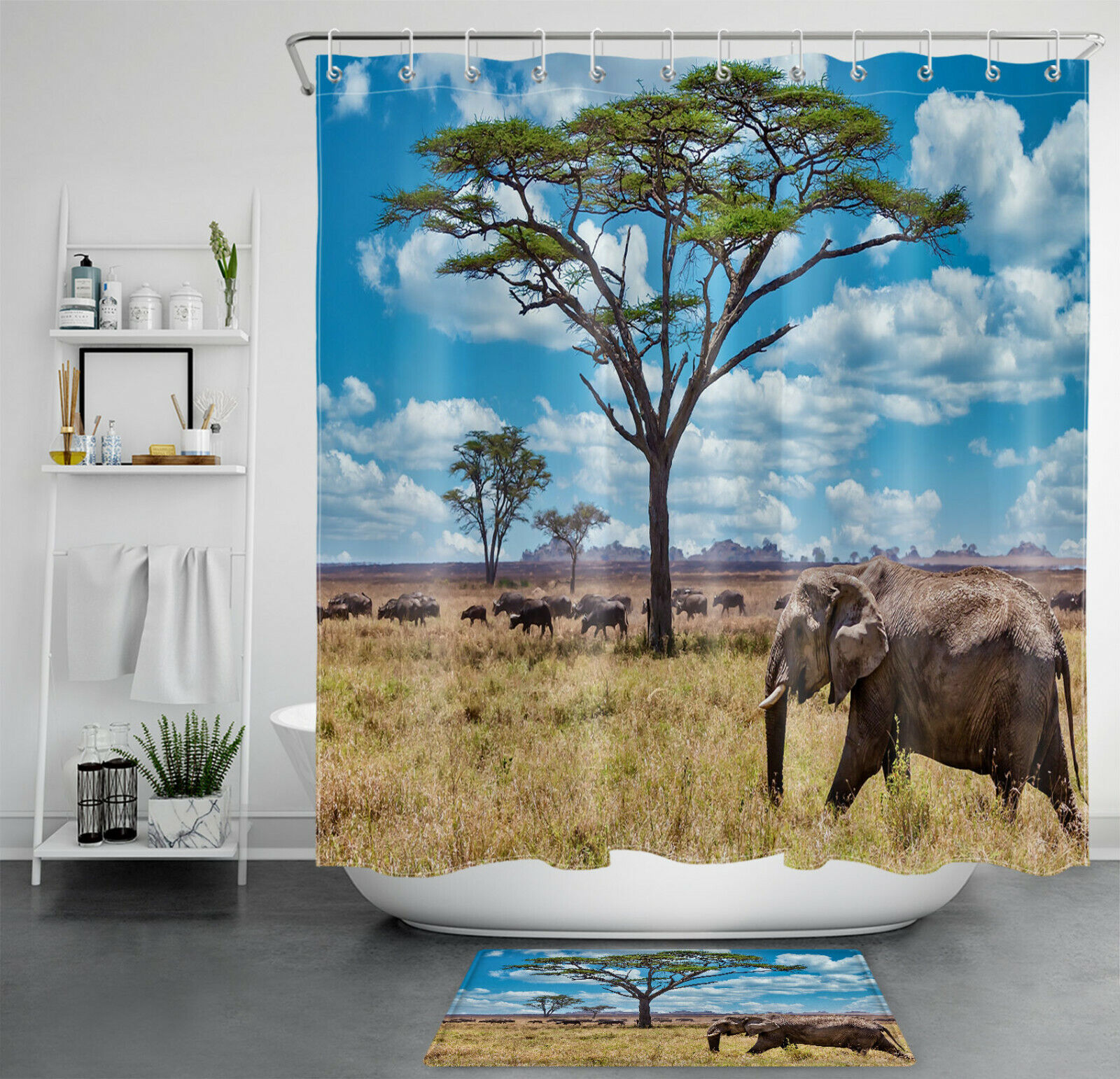 African Grassland Wild Animals Bison Elephant Shower Curtain