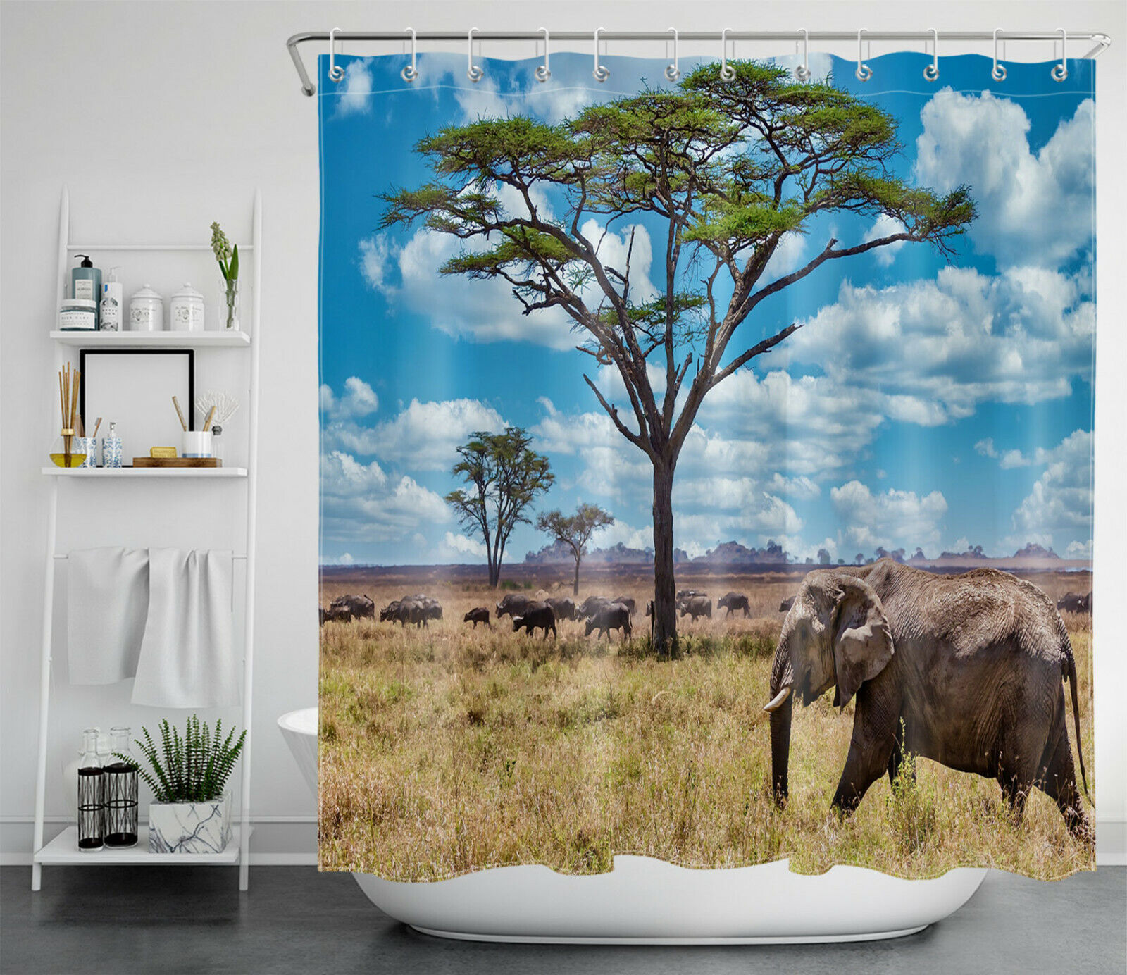 African Grassland Wild Animals Bison Elephant Shower Curtain - Image 2