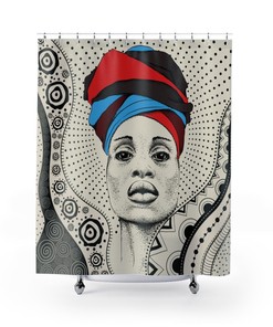 African In Turban Illustration Shower Curtain With Tribal Background For Black Woman Bathroom Decor