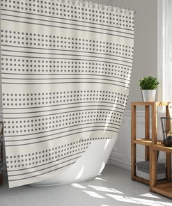 African Inspired Bohemian Shower Curtain with Mudcloth Print, Latte Cream Base, and Grey Stripes Dots