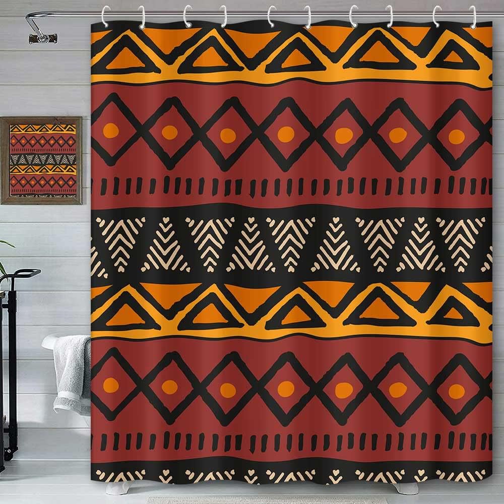 African Inspired Tribal Afrocentric Ethnic Bohemian Motif Geometric Shower Curtain - Image 2
