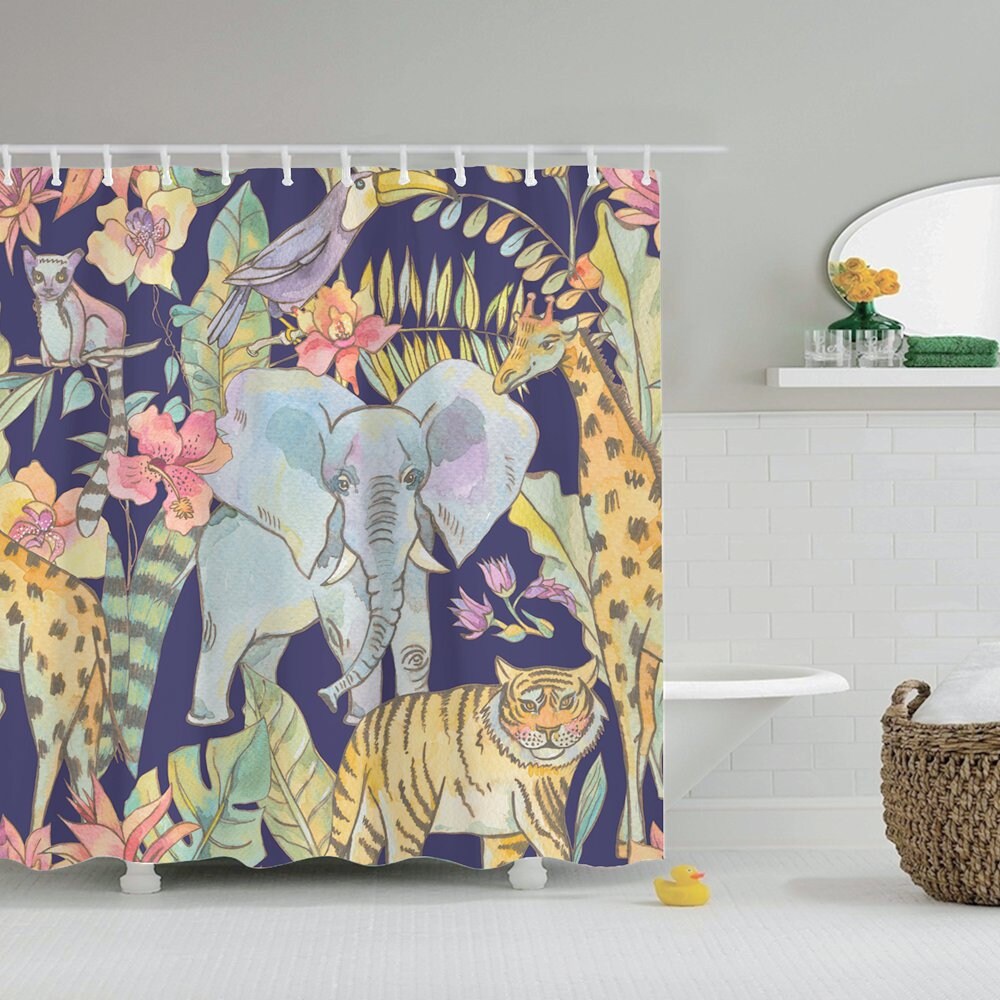 African Jungle Elephant Lovers Art Style Shower Curtain For Modern Bathroom