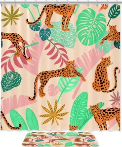 African Leopard With Tropical Leaves Shower Curtain For Bathroom