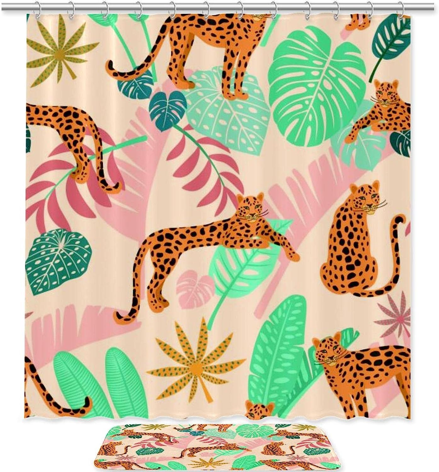 African Leopard With Tropical Leaves Shower Curtain For Bathroom