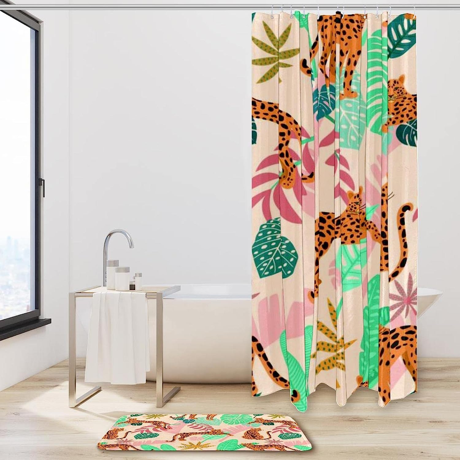 African Leopard With Tropical Leaves Shower Curtain For Bathroom - Image 2