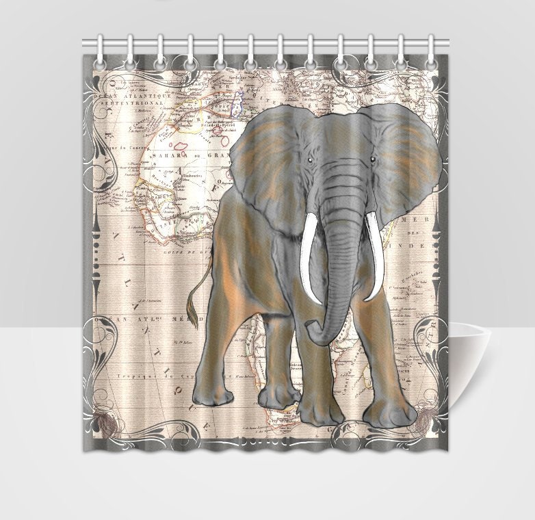 African Map And Elephant Shower Curtain - Wild Animal Bathroom Decor With Colorful And Modern Design