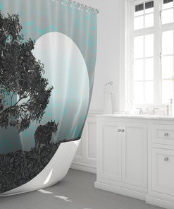 African Night Rhino Shower Curtain With Cool Blue Moon Silhouette And Mandala Design