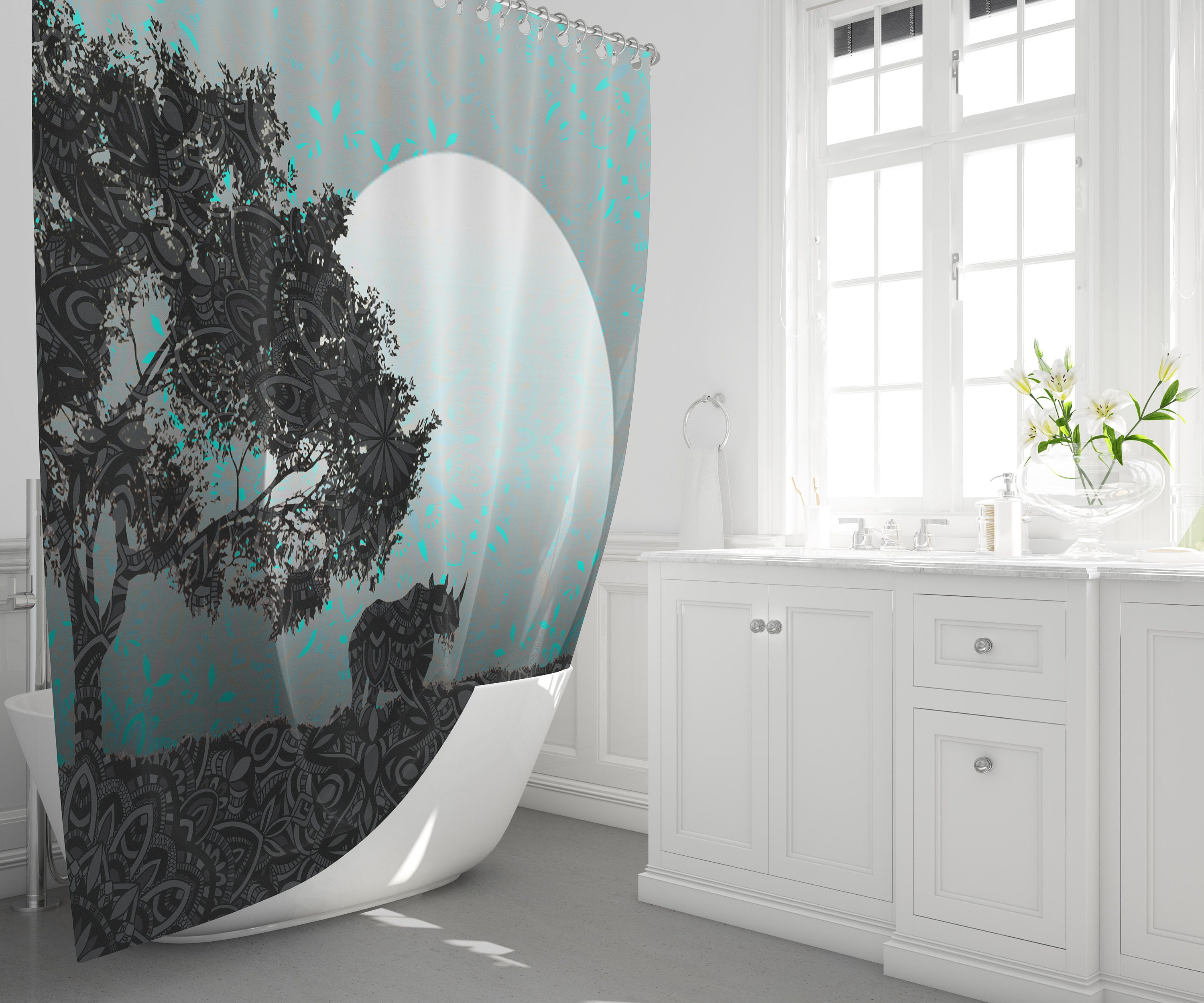 African Night Rhino Shower Curtain With Cool Blue Moon Silhouette And Mandala Design