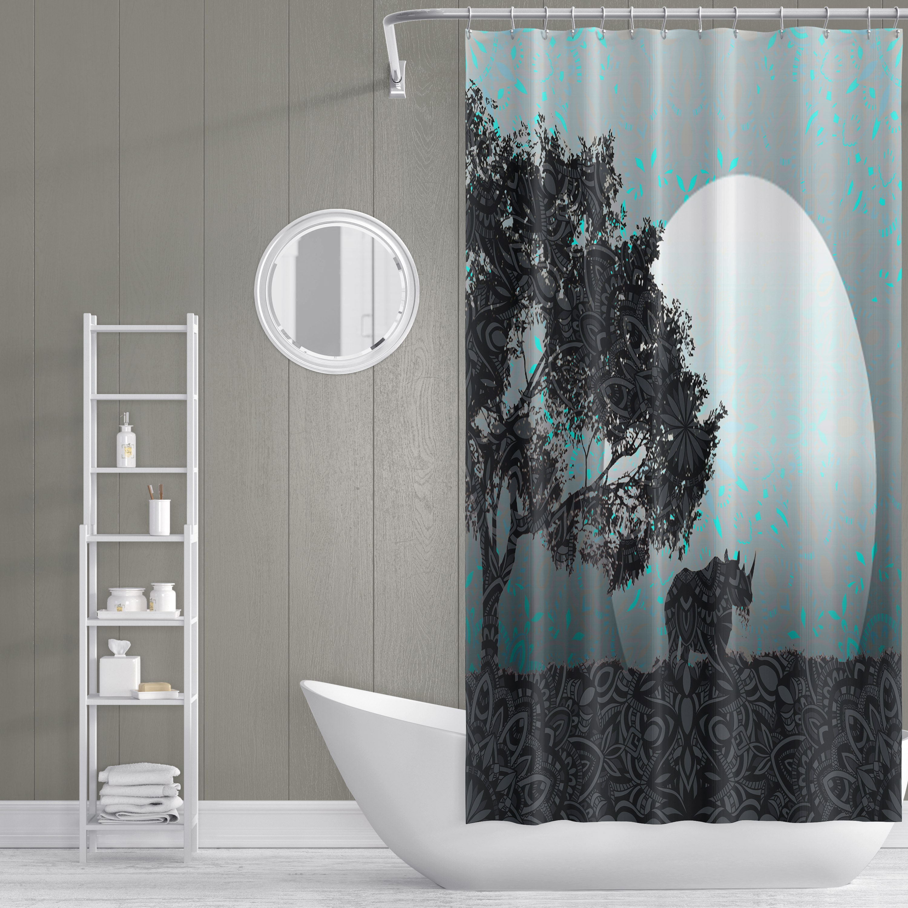 African Night Rhino Shower Curtain With Cool Blue Moon Silhouette And Mandala Design - Image 2