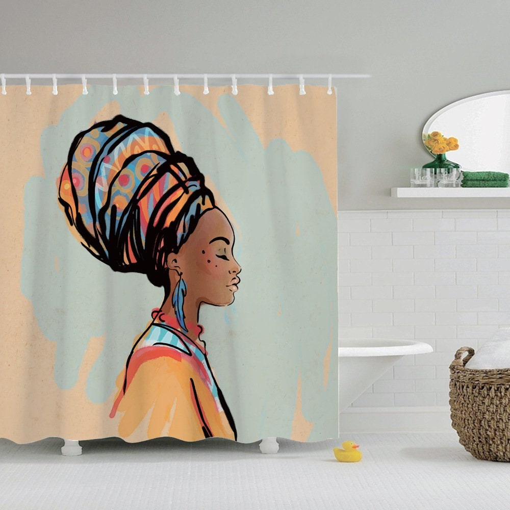 African Print Shower Curtain With African Woman For Black Girl Bathroom Decor