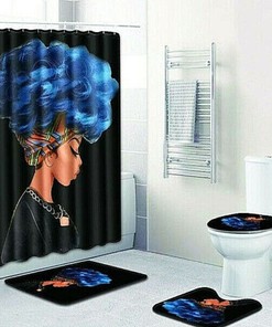 African Queen Blue Afro Bathroom Shower Curtain And Toilet Seat Set