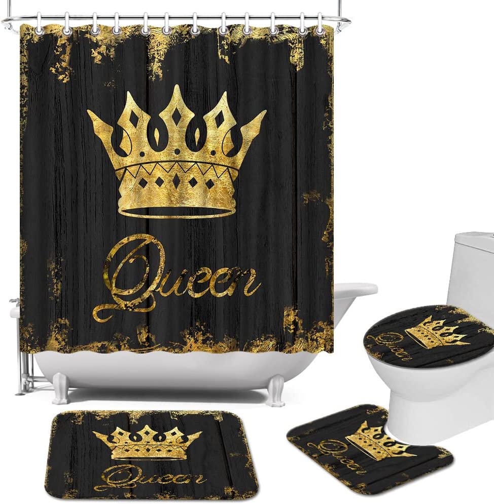 African Queen Crown Waterproof Shower Curtain, Golden Black Bath Decor,